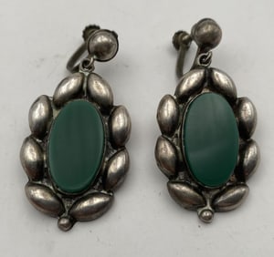 "RRA" OLD STERLING TAXCO CHRYSOPRASE EARRINGS