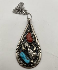 2" STERLING NAVAJO TURQUOISE RED CORAL NECKLACE