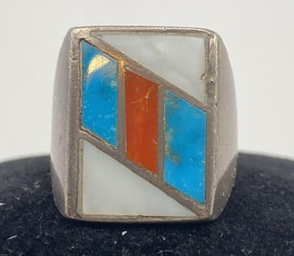 STERLING NAVAJO TURQUOISE SHELL CORAL RING SIZE 10