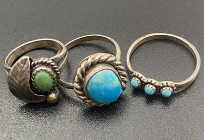3 STERLING NATIVE AMERICAN TURQUOISE RINGS LOT