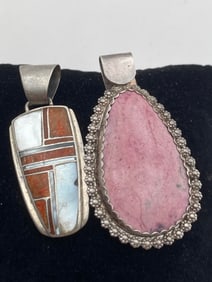 STERLING PINK RHODONITE AND SHELL INLAID PENDANTS