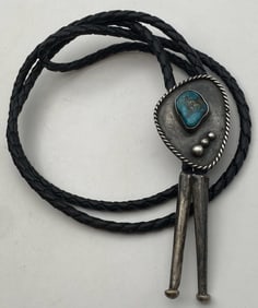 1970 OLD PAWN STERLING TURQUOISE BOLO TIE NECKLACE