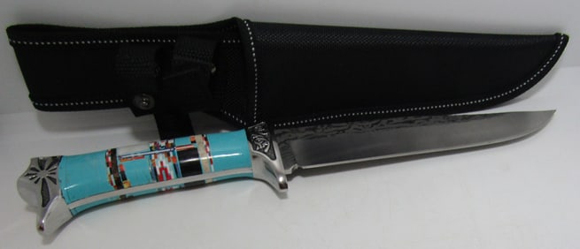 INLAY & ETCHED BOWIE KNIFE TURQUOISE W SHEATH