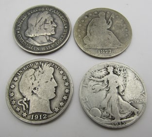 4 ASSORTED EARLY SILVER HALF DOLLAR COINS 1877CC