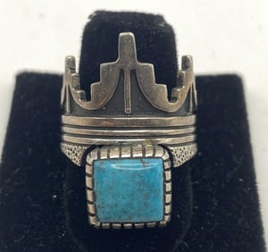 SIGNED STERLING NAVAJO TURQUOISE RING CROWN