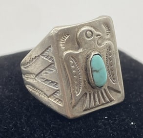 FRED HARVEY STERLING PEYOTE BIRD TURQUOISE RING