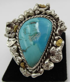 HUGE 22K GOLD NUGGET TURQUOISE RING STERLING SILVE