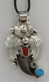 LEE" BEAR CLAW TURQUOISE NECKLACE PENDANT STERLING