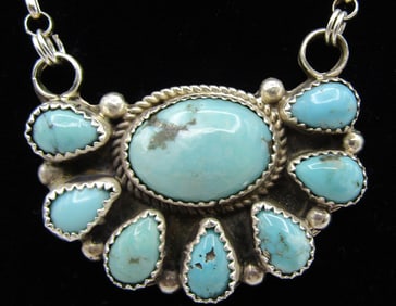 "R SAM" TURQUOISE CLUSTER NECKLACE STERLING SILVER