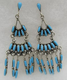 2.5" TURQUOISE PETITPOINT EARRINGS STERLING SILVER