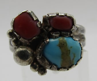 TURQUOISE CORAL RING STERLING SILVER SIZE 10