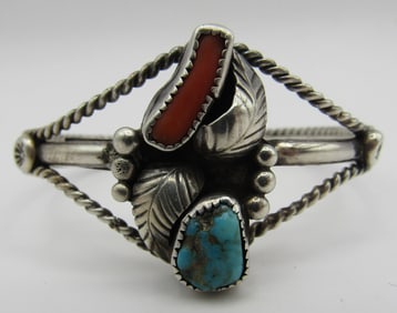 BEGAY TURQUOISE CORAL CUFF BRACELET STERLING SILVE