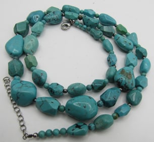 29" TURQUOISE NUGGET BEAD NECKLACE STERLING SILVER