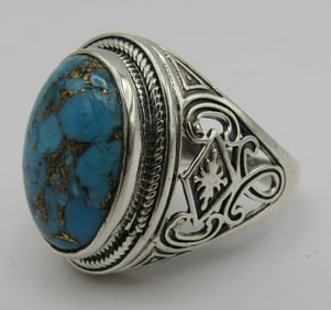 TURQUOISE & GOLD BLOCK RING STERLING  SILVER SIZ15