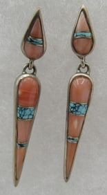 INLAY SPIDERWEB TURQUOISE CORAL EARRINGS STERLING