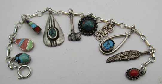 8" STERLING SILVER 10 CHARM BRACELET TURQUOISE