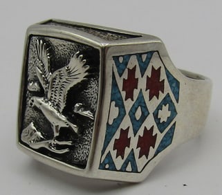 EAGLE TURQUOISE CORAL RING STERLING SILVER SIZE 12