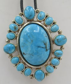 LARGE TURQUOISE CLUSTER NECKLACE PENDANT STERLING