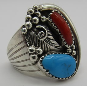 SAUNDERS TURQUOISE CORAL RING STERLING SILVER SZ13