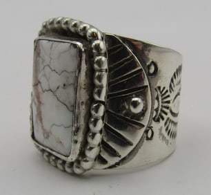 "LMC" WHITE BUFFALO RING STERLING SILVER SIZE 8
