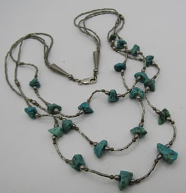 26" TURQUOISE NUGGET 3 STRAND NECKLACE STERLING