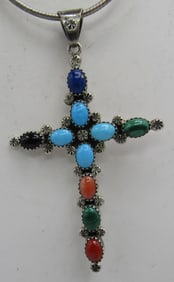 RB" TURQUOISE CROSS NECKLACE STERLING SILVER