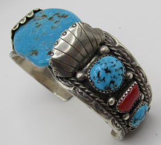 YAZZIE TURQUOISE CORAL CUFF BRACELET STERLING SILV