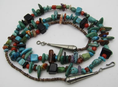 30" TURQUOISE CORAL AMBER JET HEISHI BEAD NECKLACE