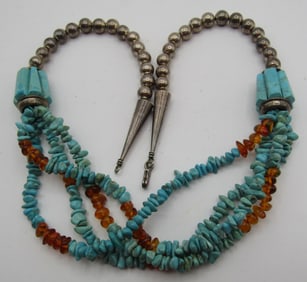 20" TURQUOISE AMBER NECKLACE STERLING SILVER