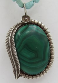 "G" TURQUOISE MALACHITE PENDANT NECKLACE STERLING