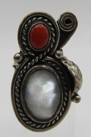 RED CORAL & MOP RING STERLING SILVER SIZE 7