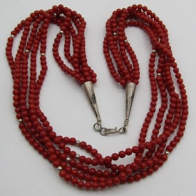 5 STRAND RED CORAL BEAD NECKLACE STERLING SILVER
