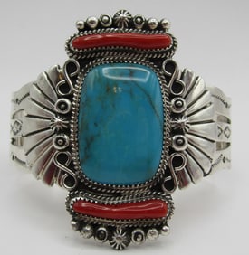 108G TURQUOISE CORAL CUFF BRACELET STERLING SILVER