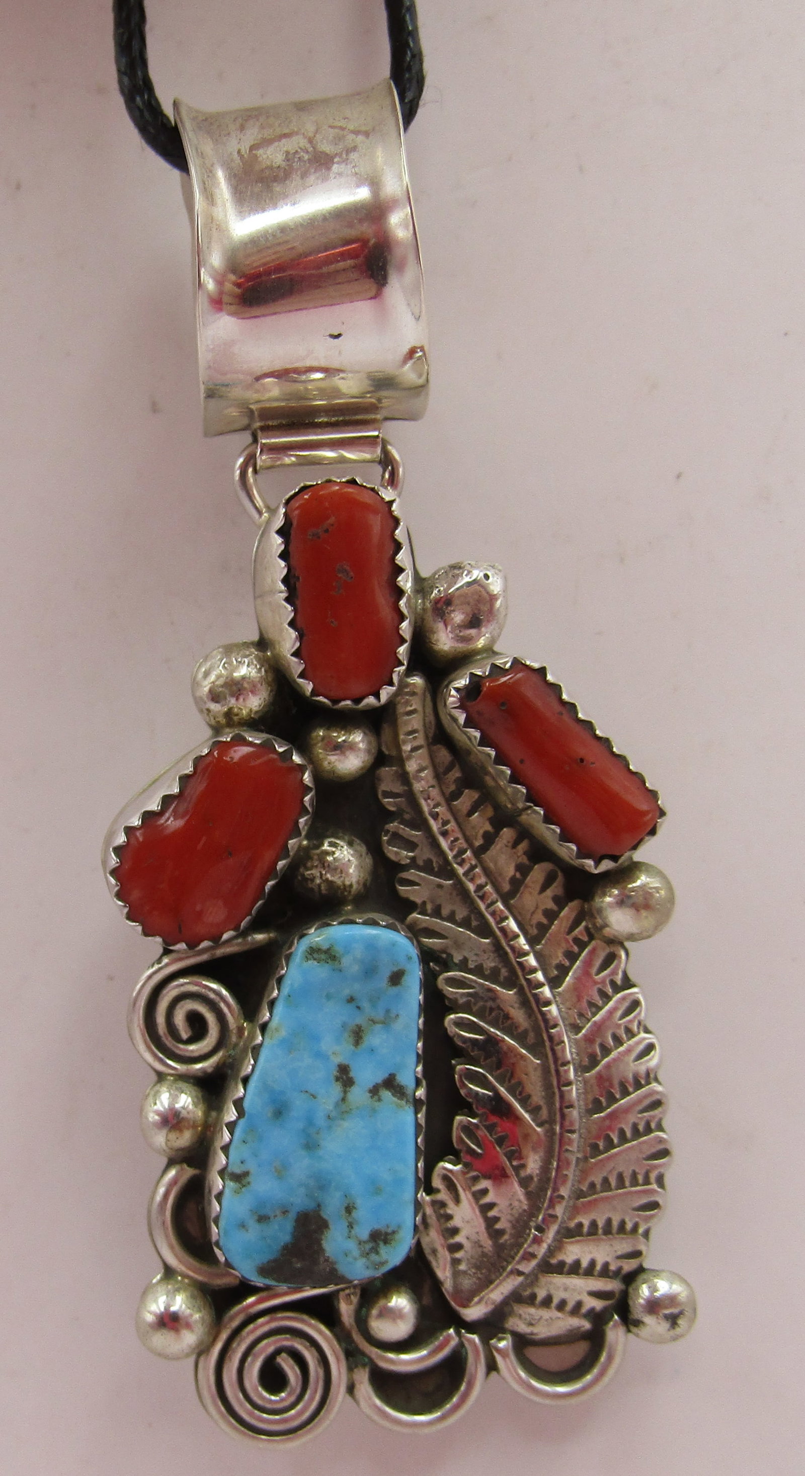 HUGE 3" TURQUOISE CORAL NECKLACE PENDANT STERLING (1 of 3)