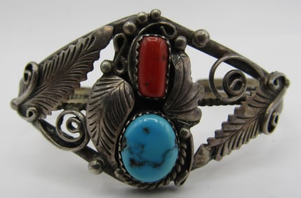 TURQUOISE & CORAL CUFF BRACELET STERLING SILVER