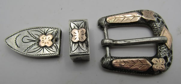3PC STERLING SILVER 14K GOLD RANGER BELT BUCKLE
