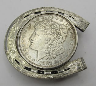 MD CO 1921 SILVER DOLLAR BELT BUCKLE STERLING