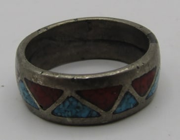 TURQUOISE CORAL BAND RING STERLING SILVER