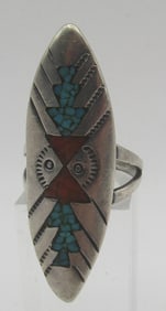 "D & B" TURQUOISE CORAL RING STERLING SILVER