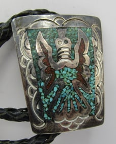TURQUOISE CORAL BOLO TIE NECKLACE STERLING SILVER