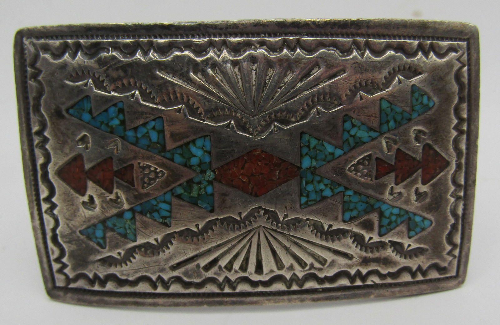 "BB" TURQUOISE CORAL BELT BUCKLE STERLING SILVER: VINTAGE ESTATE HALLMARKED "BB", TOMMY SINGER STYLE BUCKLE. NATIVE AMERICAN SOUTHWEST NAVAJO INDIAN JEWELRY. MEASURES 2.5" WIDE BY 1.5". WEIGHS 30.0 GRAMS. USED CONDITION. USA SHIPPING $5.