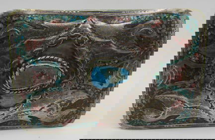 "T" TURQUOISE CORAL BELT BUCKLE STERLING SILVER