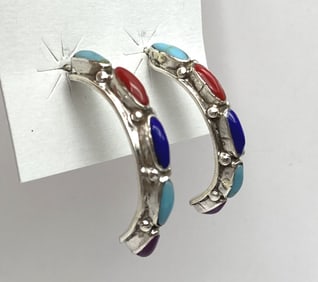 1" TURQUOISE RAINBOW STERLING HALF HOOP EARRINGS