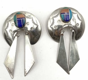 LARGE 2.5" ZUNI STERLING TURQUOISE LAPIS EARRINGS