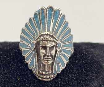 SIZE 13 STERLING TURQUOISE INDIAN CHIEF RING