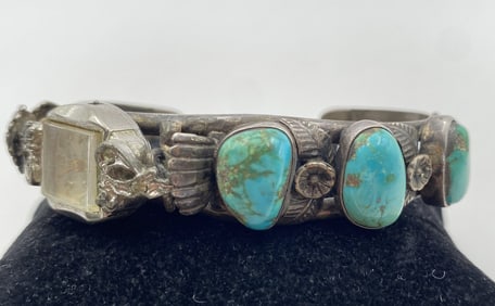 OLD PAWN STERLING TURQUOISE BRACELET WATCH CUFF