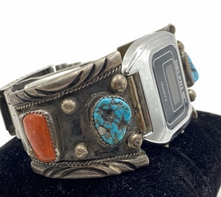 "R" VINTAGE STERLING TURQUOISE CORAL WATCH BAND
