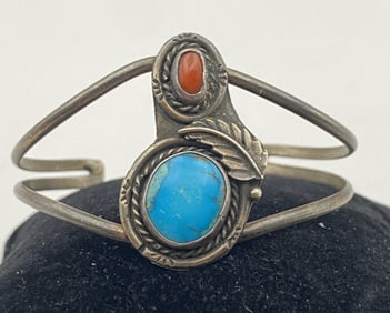NAVAJO STERLING RED CORAL TURQUOISE BRACELET