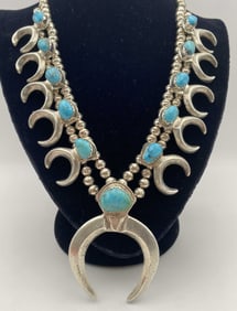 STERLING NAVAJO TURQUOISE SQUASH BLOSSOM NECKLACE