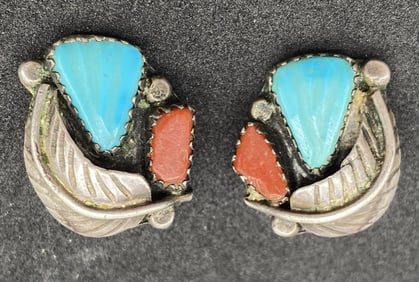 NAVAJO STERLING TURQUOISE RED CORAL EARRINGS